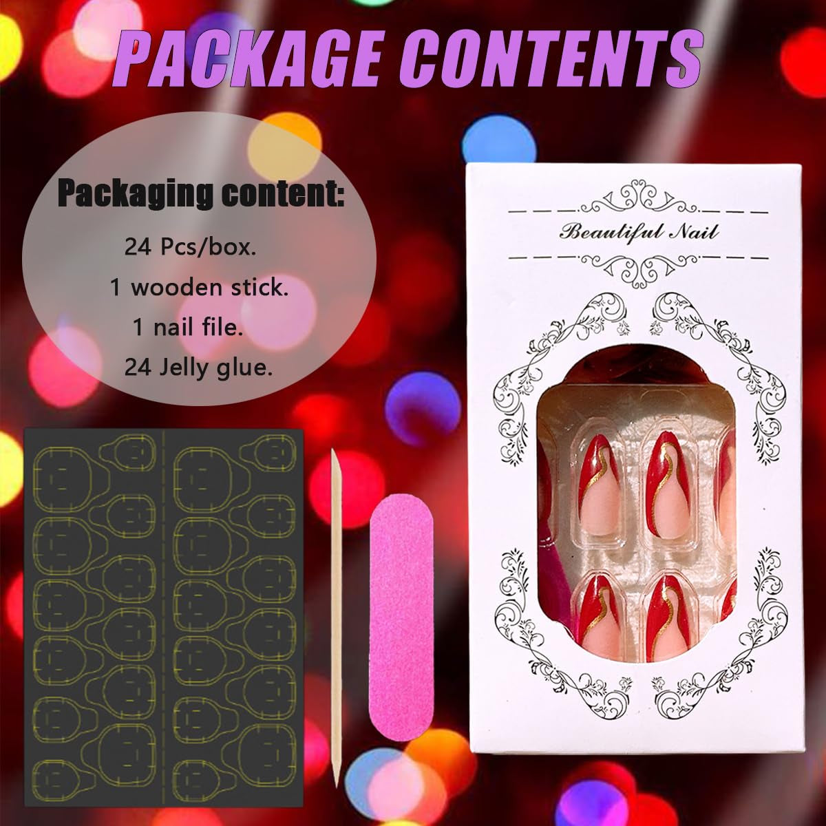 24Pcs French Tip Press on Nails Medium Almond Fake Nails with Glue Gold Line False Nails Nude Glue on Nails Reusable Red French Acrylic Nails Full Cover French Tips Nails Press Ons for Women Girls