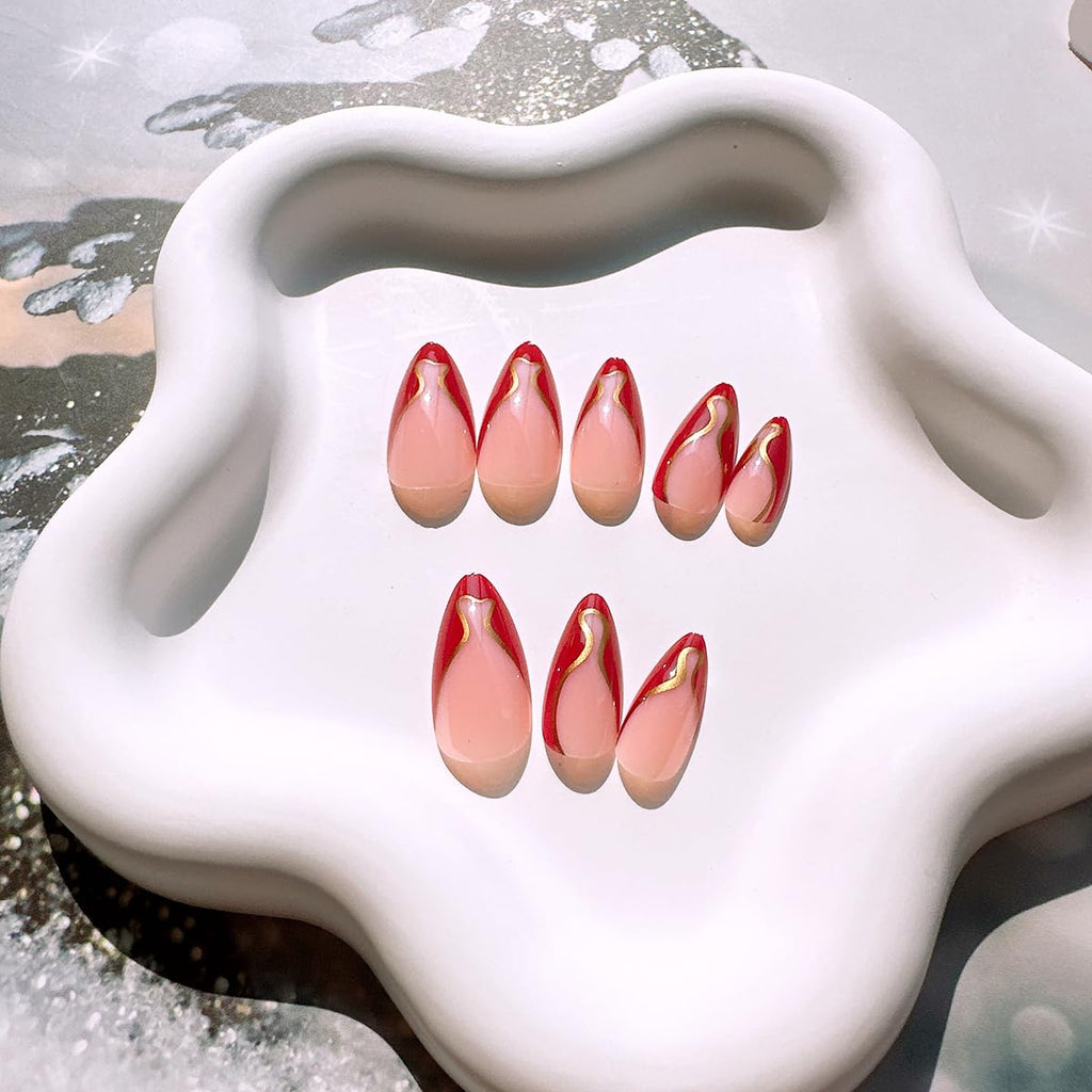 24Pcs French Tip Press on Nails Medium Almond Fake Nails with Glue Gold Line False Nails Nude Glue on Nails Reusable Red French Acrylic Nails Full Cover French Tips Nails Press Ons for Women Girls