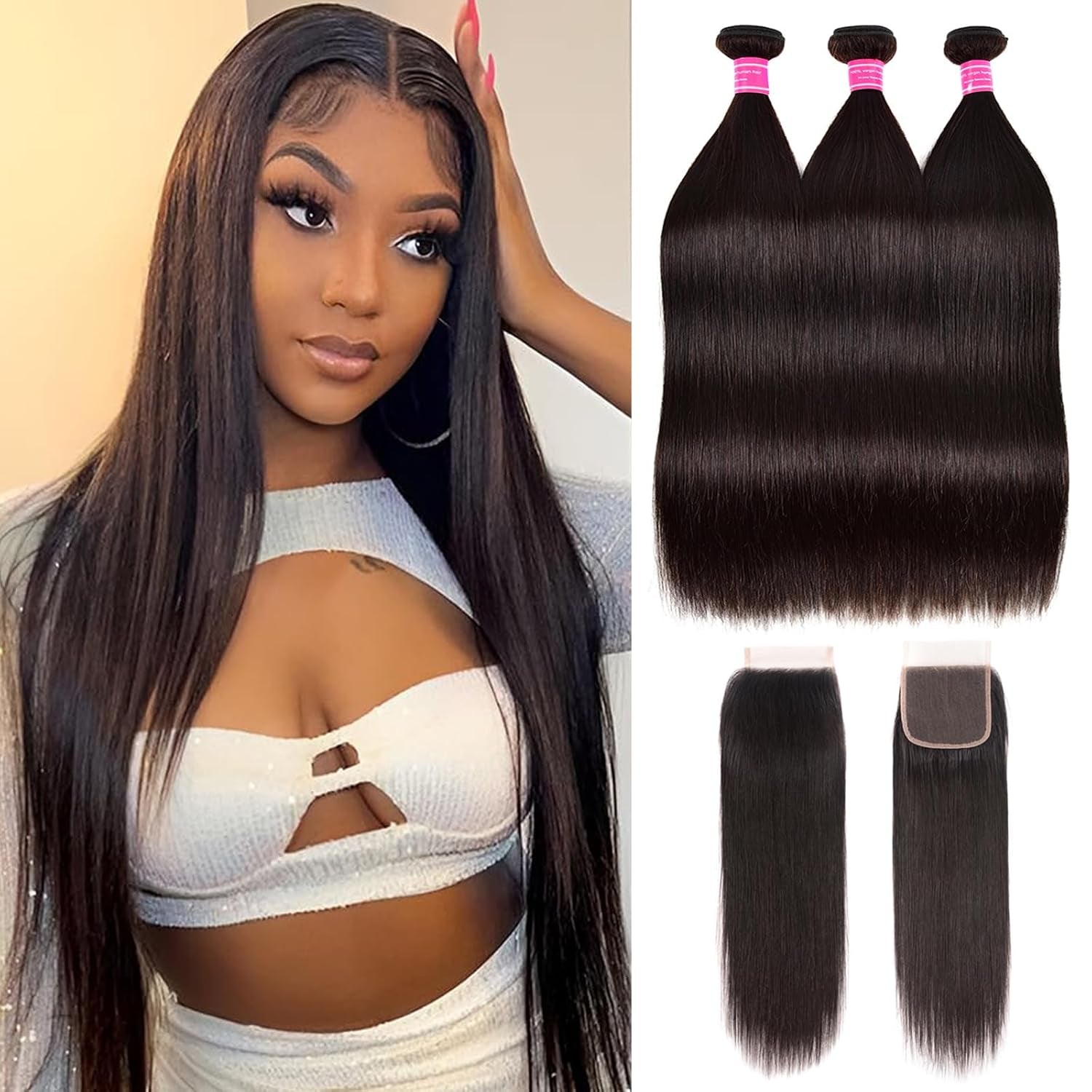 10A Straight Bundles with Closure Human Hair 20 22 24 with 18 Inch Brazilian Human Hair Bundles with Closure 100% Unprocessed Virgin Remy Straight Hair Weave 3 Bundles with 4X4 Lace Closure Free Part