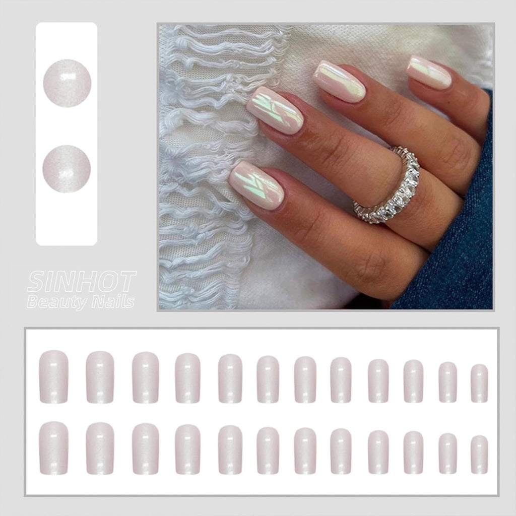 Press on Nails Medium Square Chrome Acrylic Glossy Glue on Artificial Squoval Aurora Pearl Flash Stick on False Nails with Design 24 Pcs