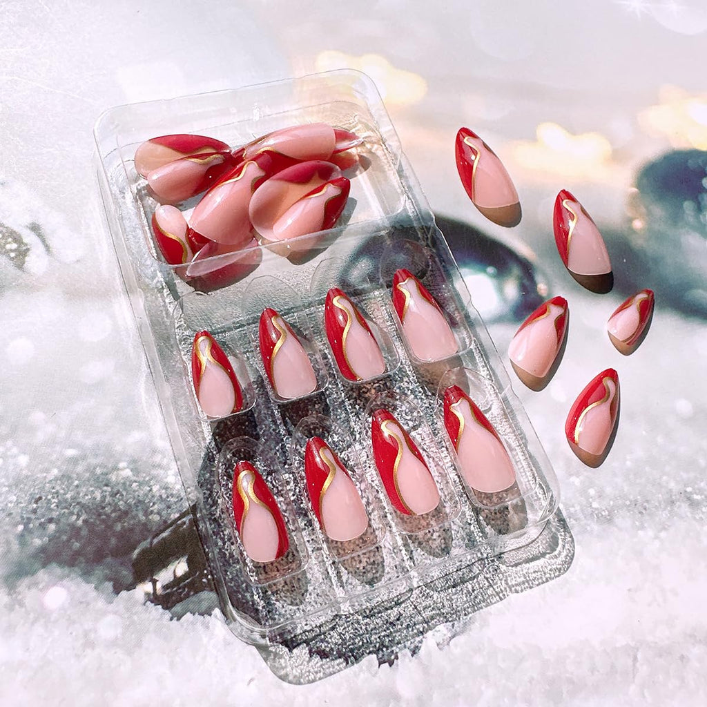 24Pcs French Tip Press on Nails Medium Almond Fake Nails with Glue Gold Line False Nails Nude Glue on Nails Reusable Red French Acrylic Nails Full Cover French Tips Nails Press Ons for Women Girls