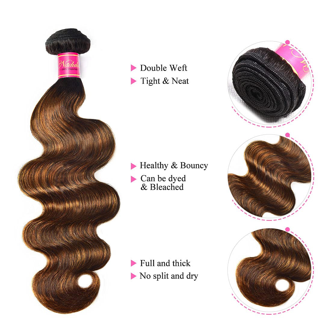 Hair 12A Brown Balayage Ombre Body Wave Human Hair Weave 3 Bundles, Brazilian Highlight Remy Hair Chocolate Brown Human Hair Extension FB30 Ombre Color (16 18 20Inch)