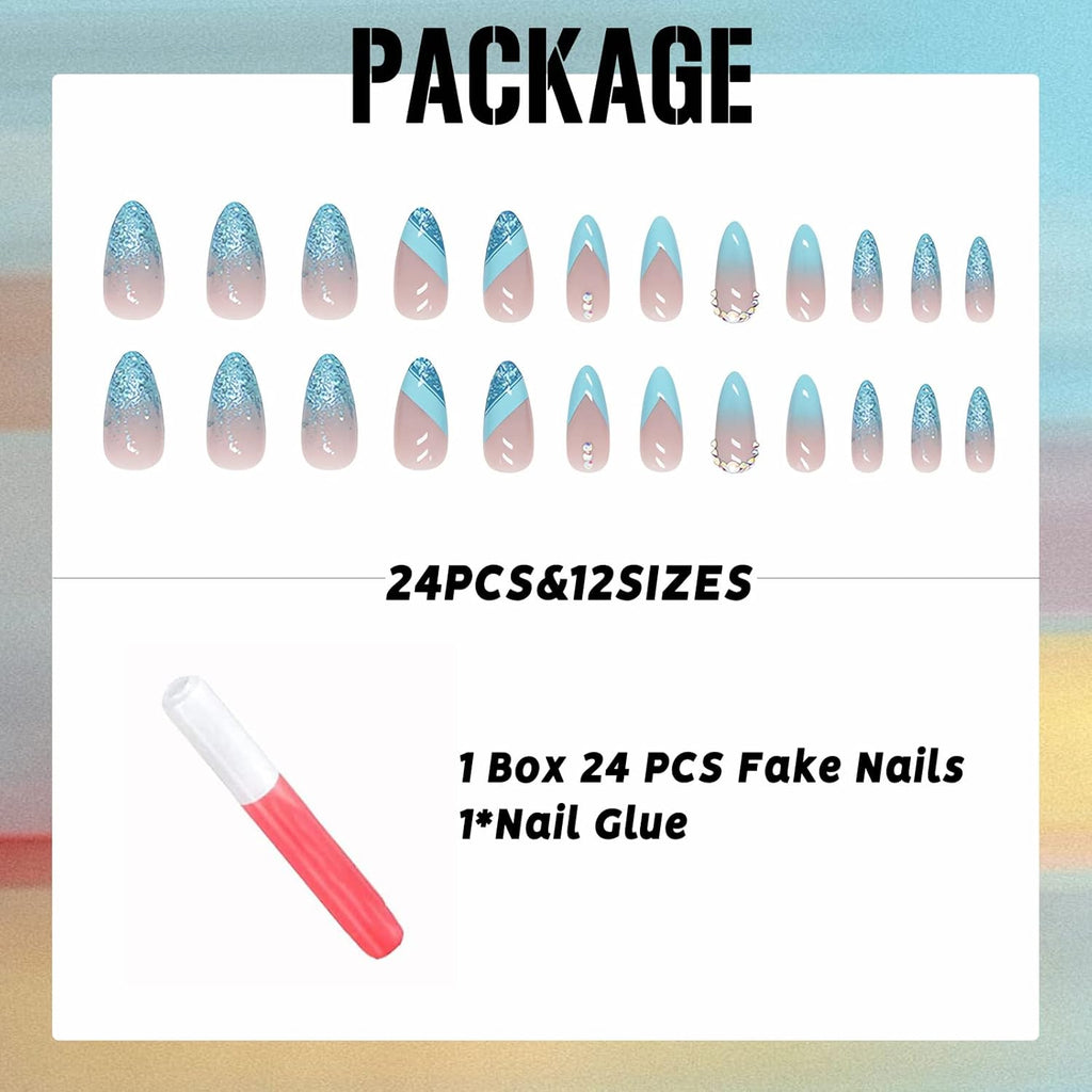Almond Press on Nails French Medium Blue Fake Nails Glitter Gradient False Nails with Designs Rhinestone Full Cover Acrylic Glossy Glue on Nails for Women 24Pcs