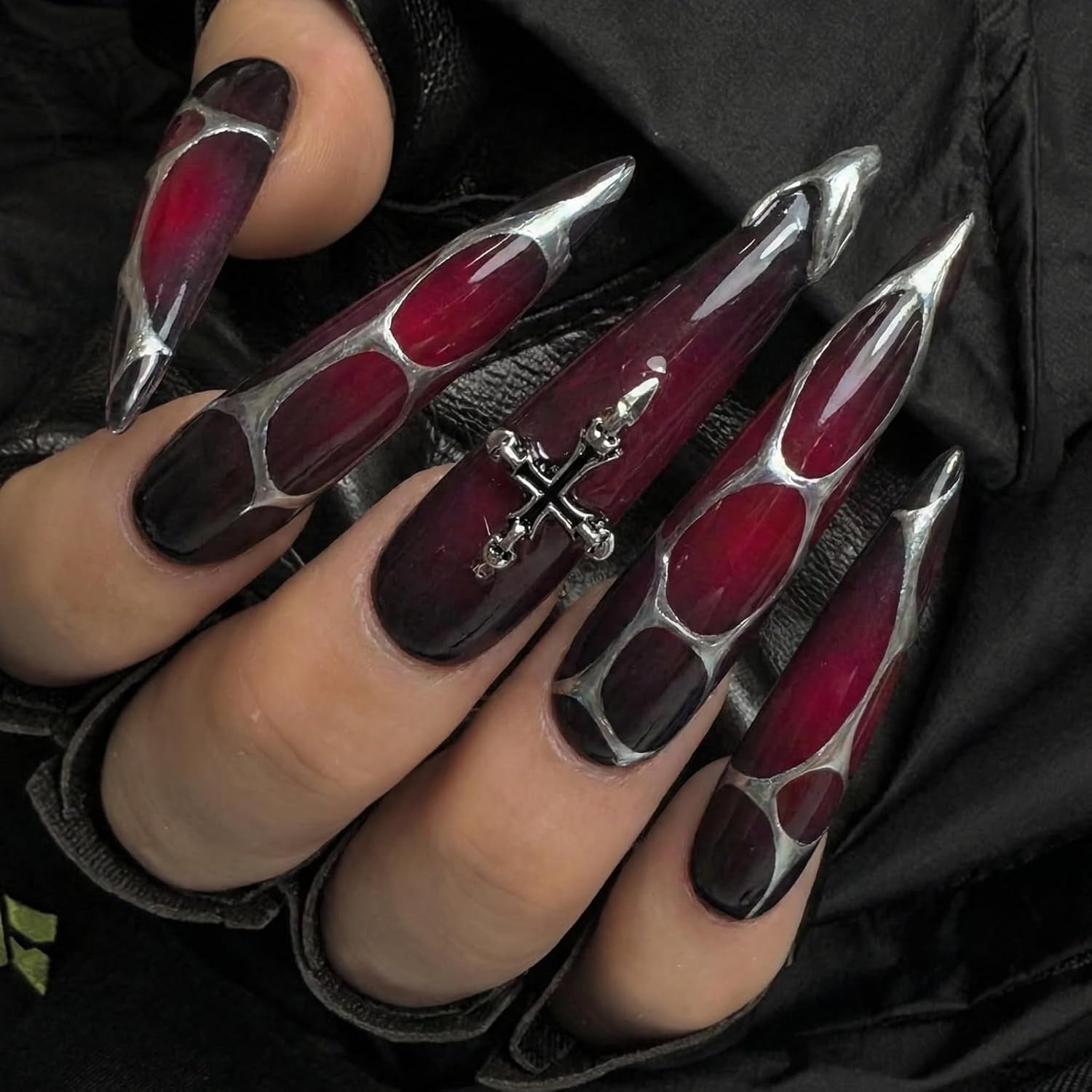 Stiletto Press on Nails Long Fake Nails Black Red Glue on Nails Almond Acrylic Nails with Goth Design Stick on Nails for Women and Girls 24Pcs