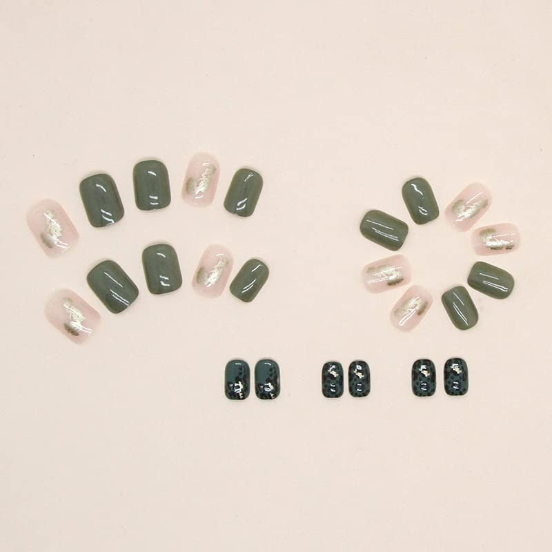 Press on Nails - Short Square False Nails with Glitter Designs, White Acrylic Leopard Artificial Full Cover Glue on Glossy Stick on Nails for Women