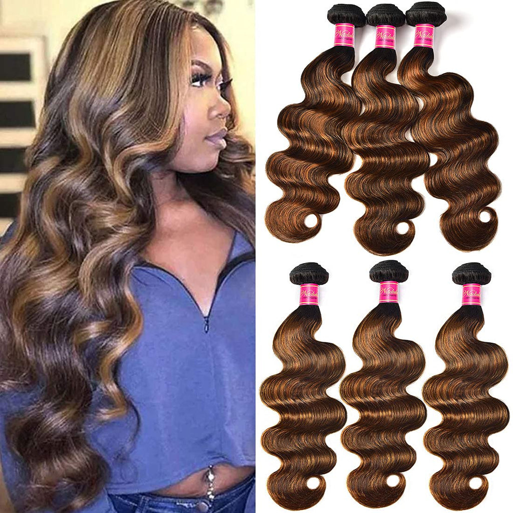 Hair 12A Brown Balayage Ombre Body Wave Human Hair Weave 3 Bundles, Brazilian Highlight Remy Hair Chocolate Brown Human Hair Extension FB30 Ombre Color (16 18 20Inch)