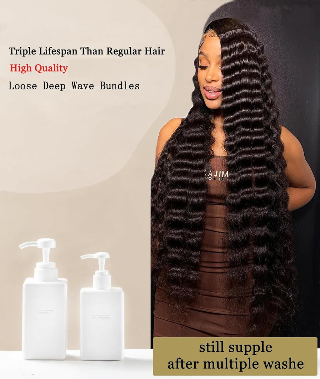 16A Raw Deep Wave Human Hair Bundles - 4 Full Thick Loose Waves - 14 to 20 Inch - 100% Unprocessed Virgin Black Hair