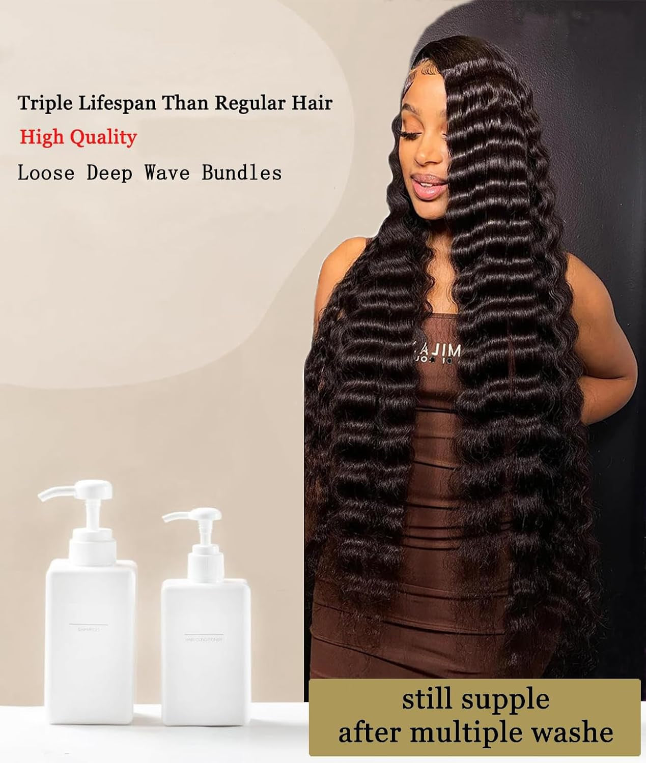 16A Raw Deep Wave Human Hair Bundles - 4 Full Thick Loose Waves - 14 to 20 Inch - 100% Unprocessed Virgin Black Hair