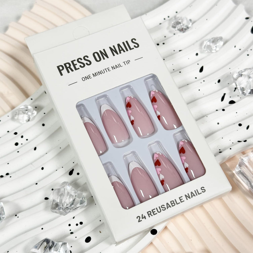 Valentine'S Day French Tip Press-On Nails - Medium Almond Shape with Cute Heart Designs - Glossy Acrylic Finish - 24Pcs Stick-On Nails for Women