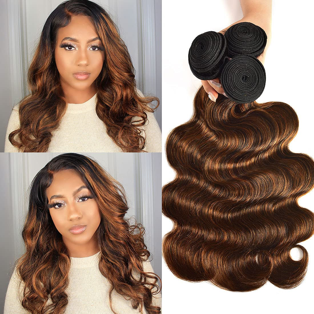 Hair 12A Brown Balayage Ombre Body Wave Human Hair Weave 3 Bundles, Brazilian Highlight Remy Hair Chocolate Brown Human Hair Extension FB30 Ombre Color (16 18 20Inch)