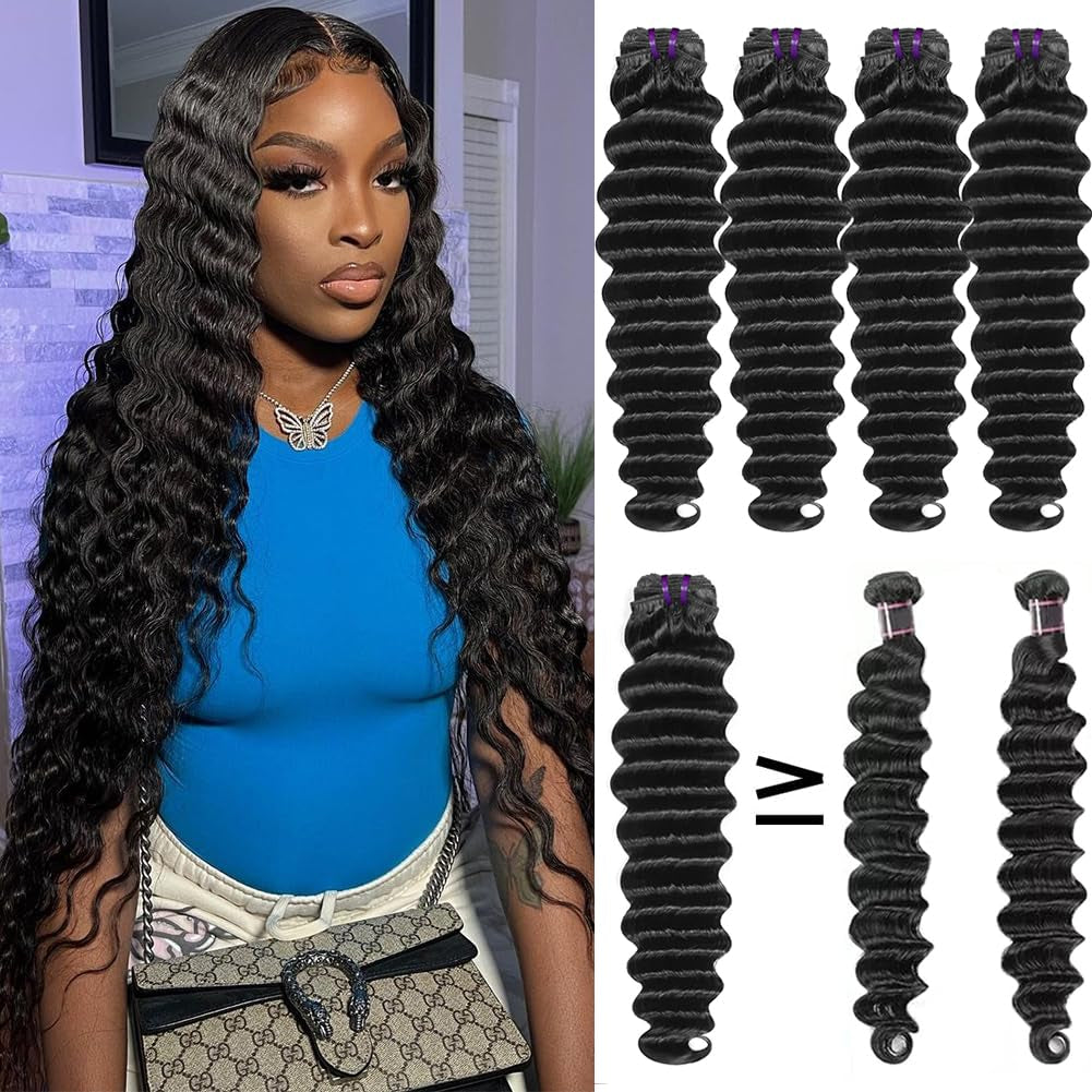 16A Raw Deep Wave Human Hair Bundles - 4 Full Thick Loose Waves - 14 to 20 Inch - 100% Unprocessed Virgin Black Hair