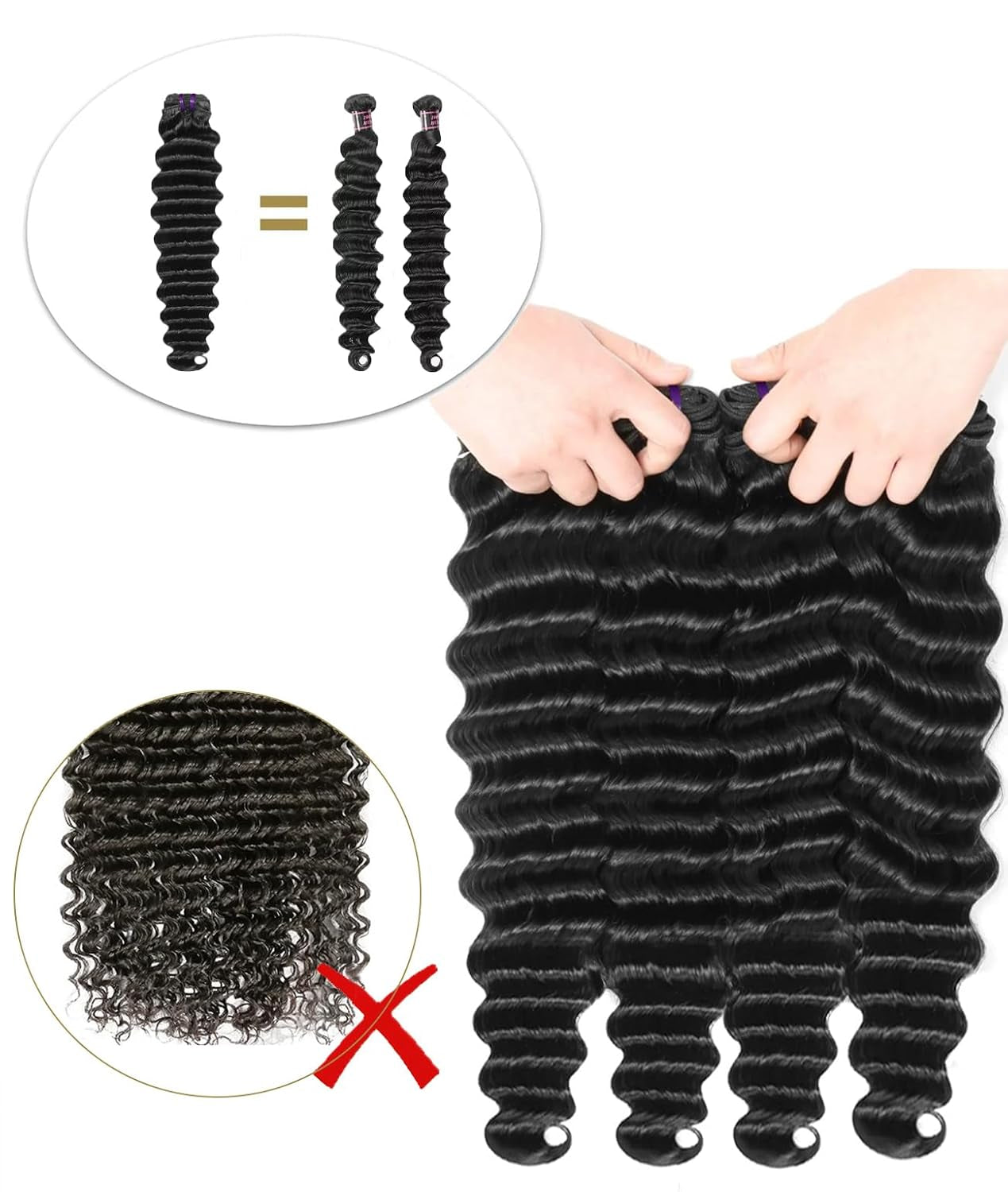 16A Raw Deep Wave Human Hair Bundles - 4 Full Thick Loose Waves - 14 to 20 Inch - 100% Unprocessed Virgin Black Hair