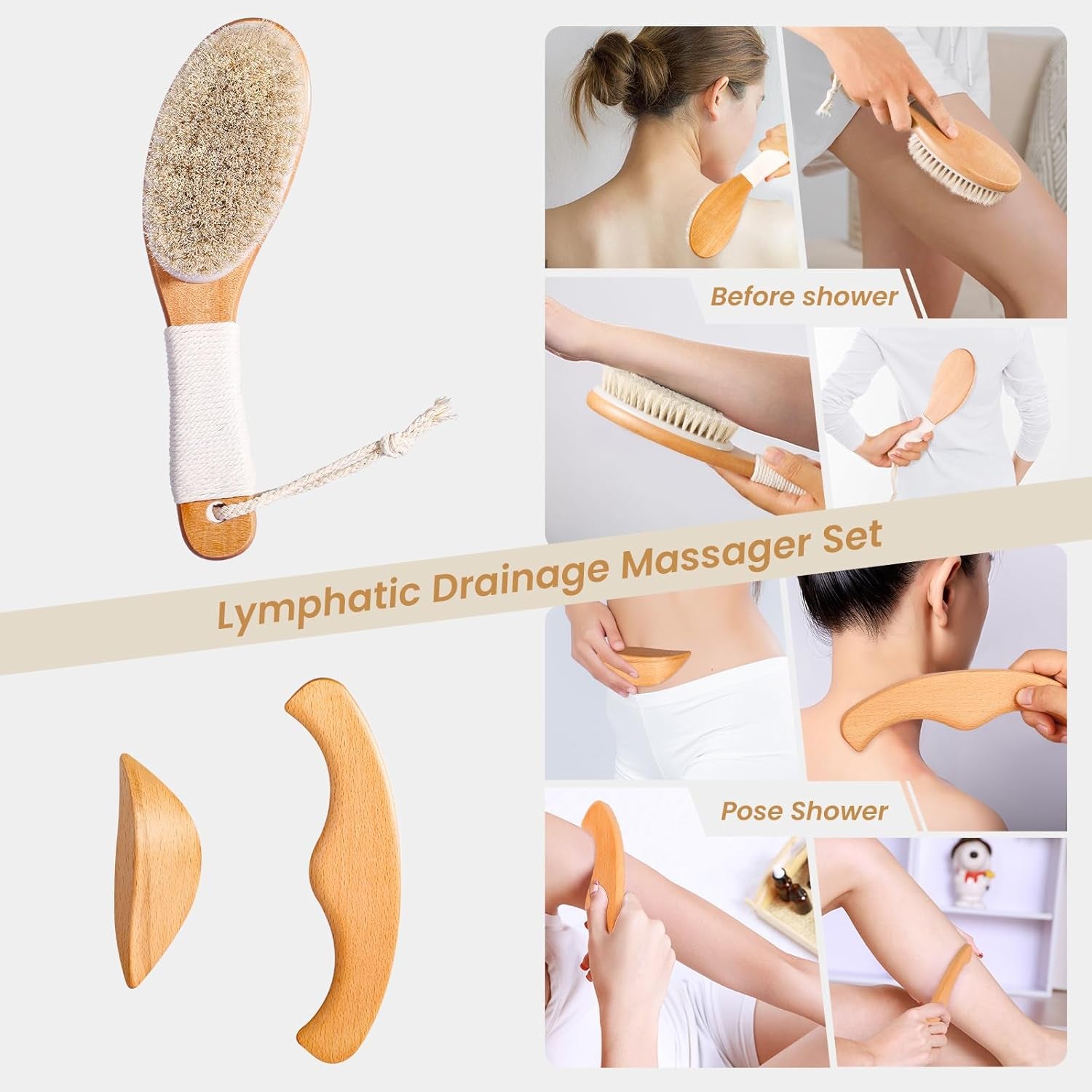 Horsehair Dry Brushing Body Brush Set for Lymphatic Drainage - Non-Slip Contoured Handle Dry Brush + Wooden Body Massage Tools. Gua Sha Stick, Maderotherapy Kit, Anti-Cellulite, and Body Detox.
