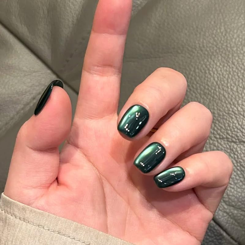 Dark Green Press on Nails Short Square Fake Nails Cat Eye Acrylic Nails Ombre Artificial Glue on Nail Glossy False Nails Xmas Stick on Nail for Women Manicure 30Pcs