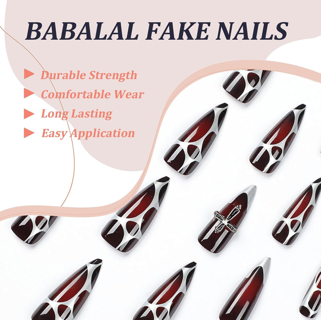 Stiletto Press on Nails Long Fake Nails Black Red Glue on Nails Almond Acrylic Nails with Goth Design Stick on Nails for Women and Girls 24Pcs