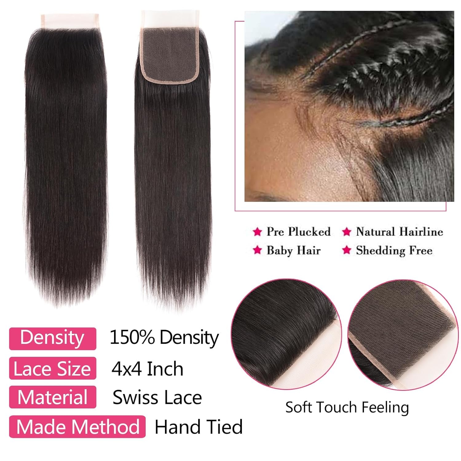 10A Straight Bundles with Closure Human Hair 20 22 24 with 18 Inch Brazilian Human Hair Bundles with Closure 100% Unprocessed Virgin Remy Straight Hair Weave 3 Bundles with 4X4 Lace Closure Free Part