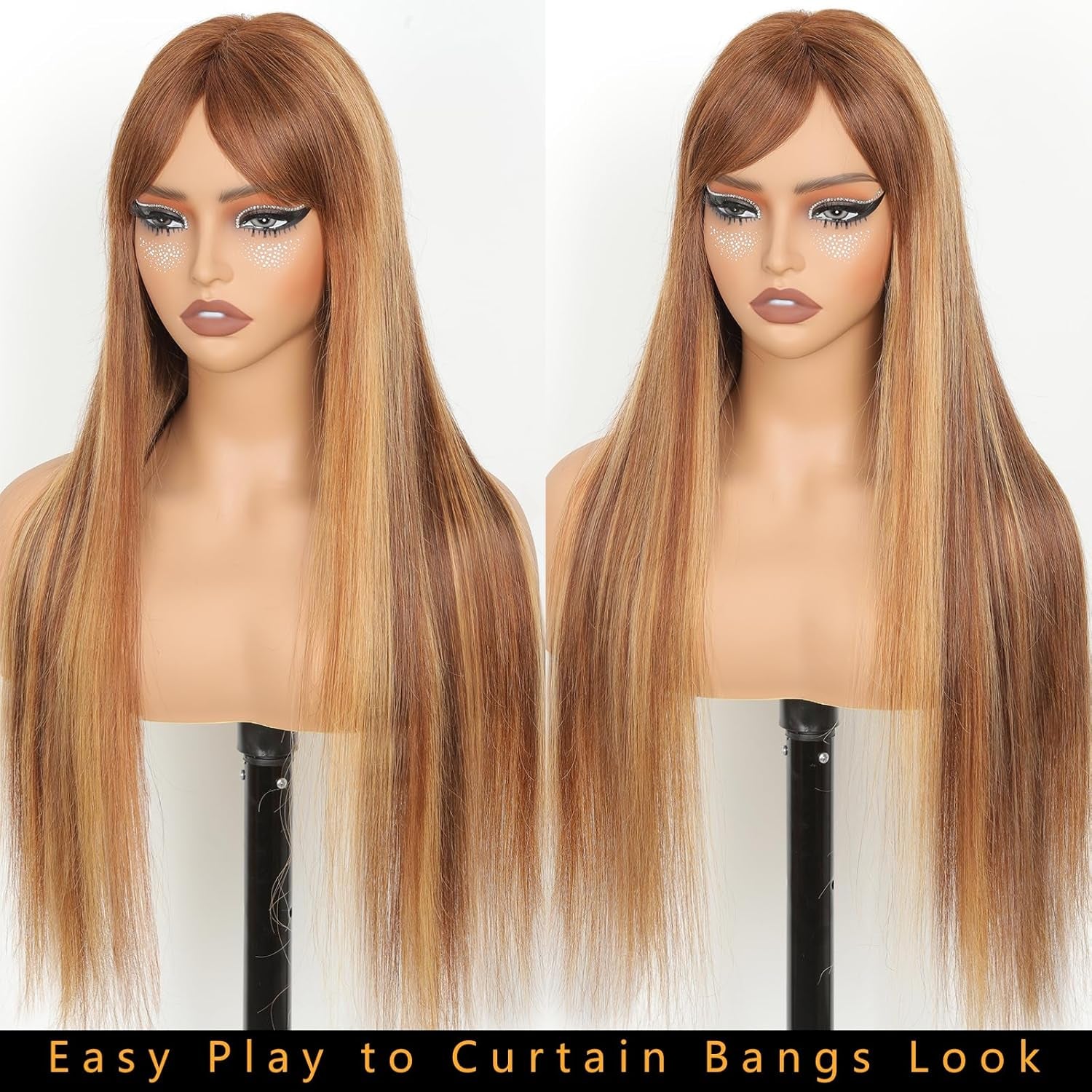 Ombre Highlight Human Hair Wigs with Bangs 2X4 HD Lace Front Brown Glueless Wig with Highlights Honey Blonde 4/27 Colored Straight Closure Wear and Go Brazilian Human Hair for Women 20 Inch