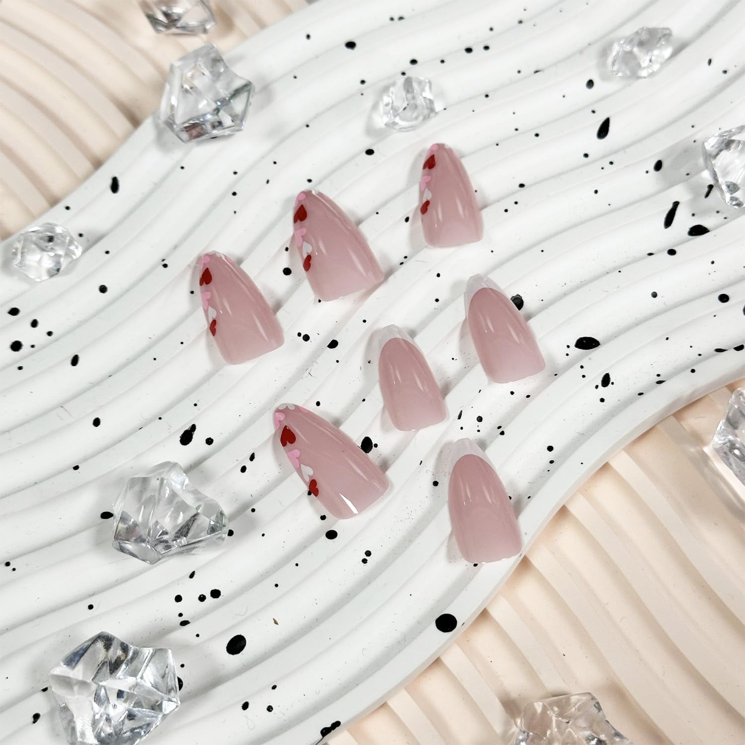 Valentine'S Day French Tip Press-On Nails - Medium Almond Shape with Cute Heart Designs - Glossy Acrylic Finish - 24Pcs Stick-On Nails for Women