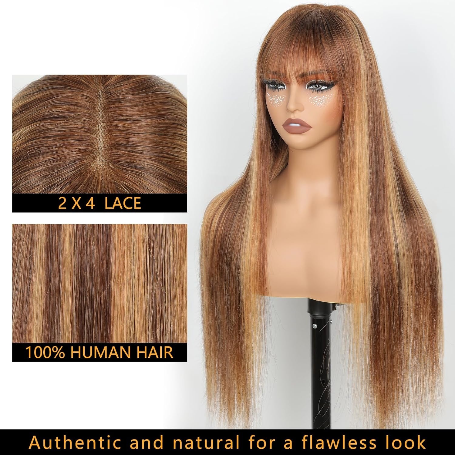 Ombre Highlight Human Hair Wigs with Bangs 2X4 HD Lace Front Brown Glueless Wig with Highlights Honey Blonde 4/27 Colored Straight Closure Wear and Go Brazilian Human Hair for Women 20 Inch
