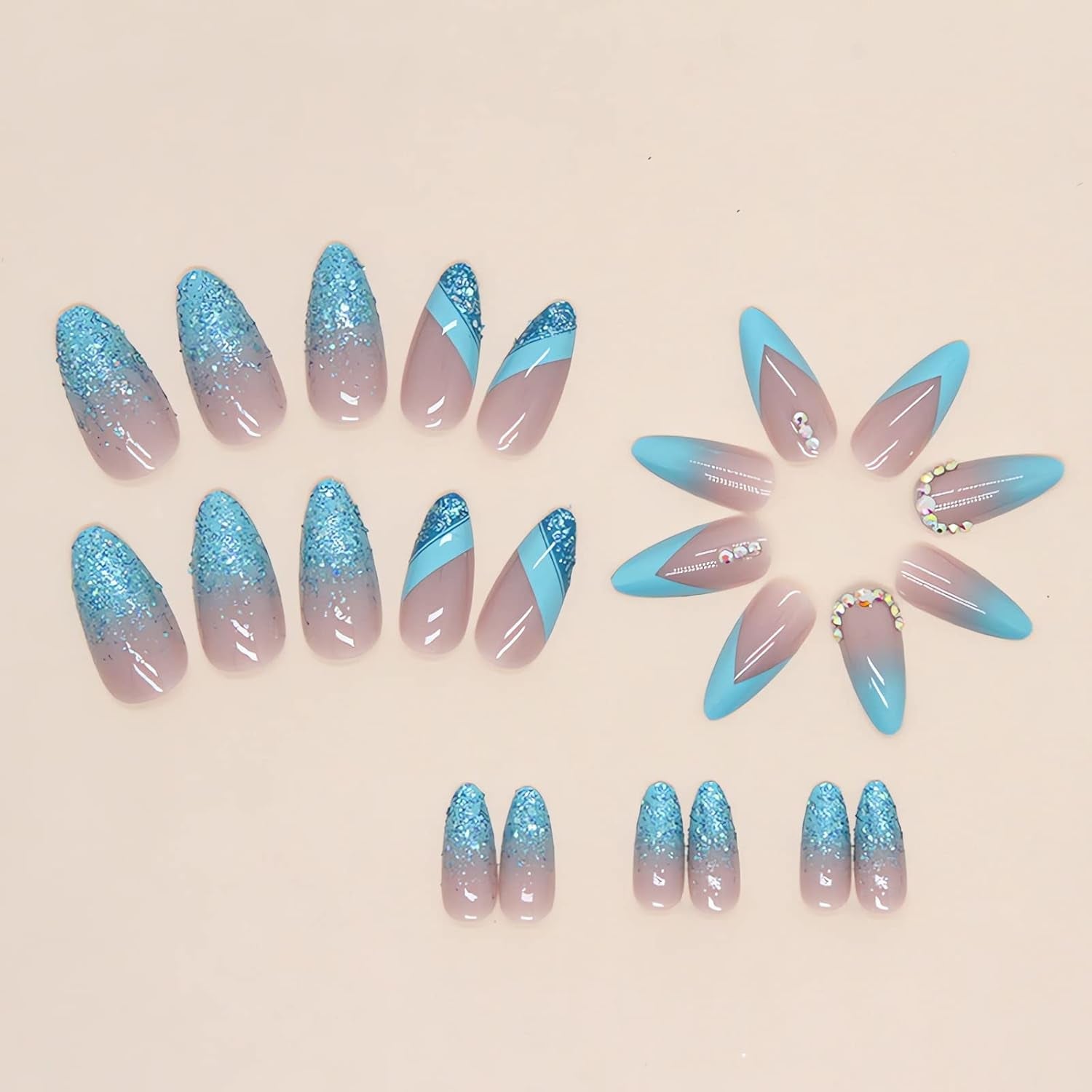 Almond Press on Nails French Medium Blue Fake Nails Glitter Gradient False Nails with Designs Rhinestone Full Cover Acrylic Glossy Glue on Nails for Women 24Pcs
