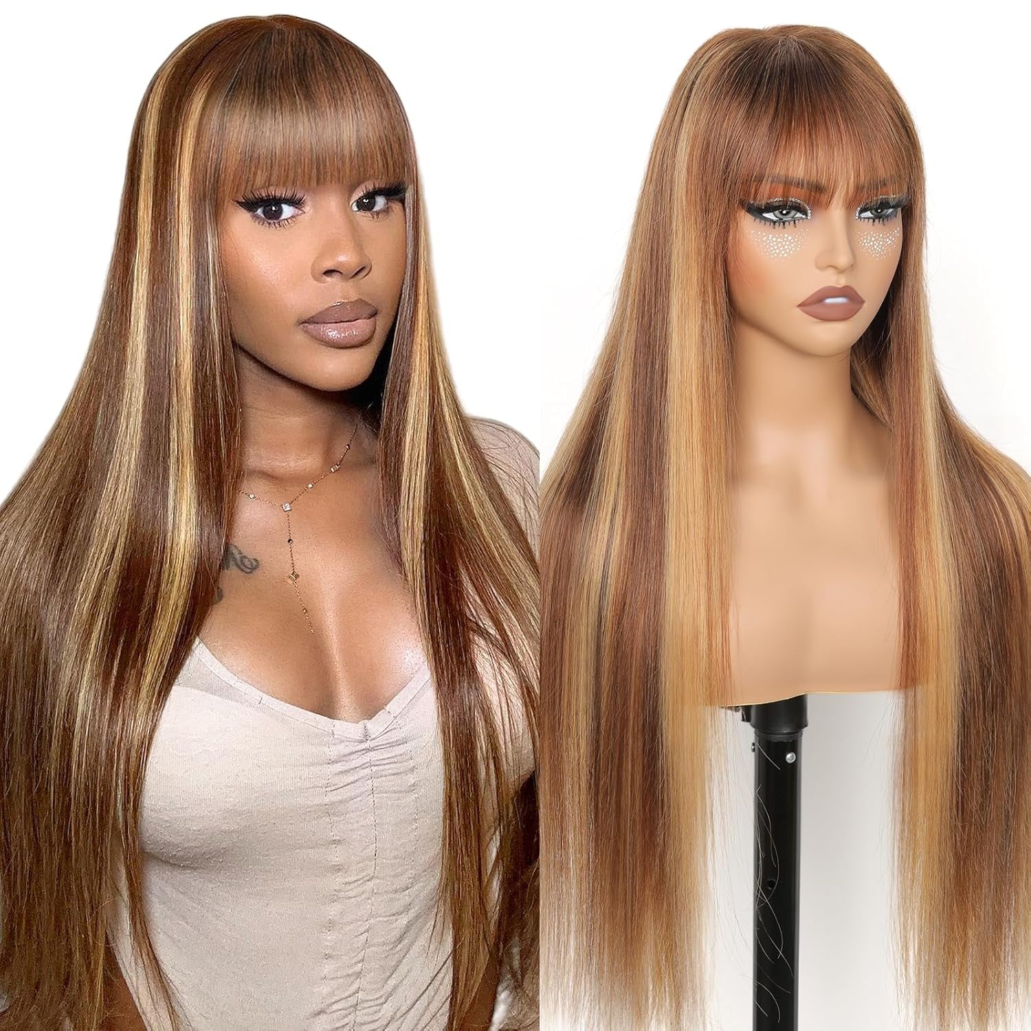 Ombre Highlight Human Hair Wigs with Bangs 2X4 HD Lace Front Brown Glueless Wig with Highlights Honey Blonde 4/27 Colored Straight Closure Wear and Go Brazilian Human Hair for Women 20 Inch