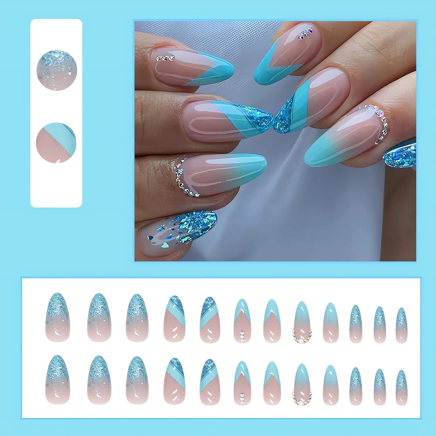 Almond Press on Nails French Medium Blue Fake Nails Glitter Gradient False Nails with Designs Rhinestone Full Cover Acrylic Glossy Glue on Nails for Women 24Pcs