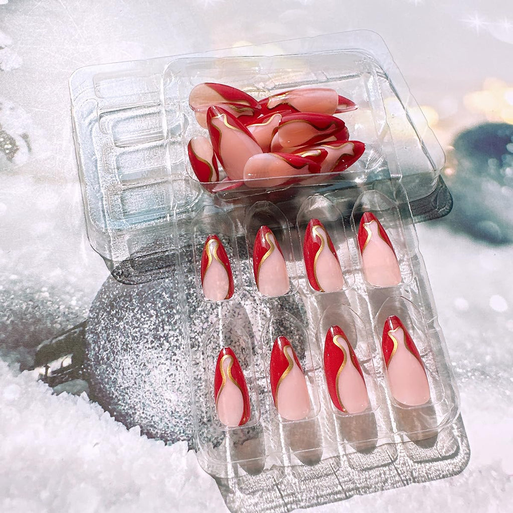 24Pcs French Tip Press on Nails Medium Almond Fake Nails with Glue Gold Line False Nails Nude Glue on Nails Reusable Red French Acrylic Nails Full Cover French Tips Nails Press Ons for Women Girls