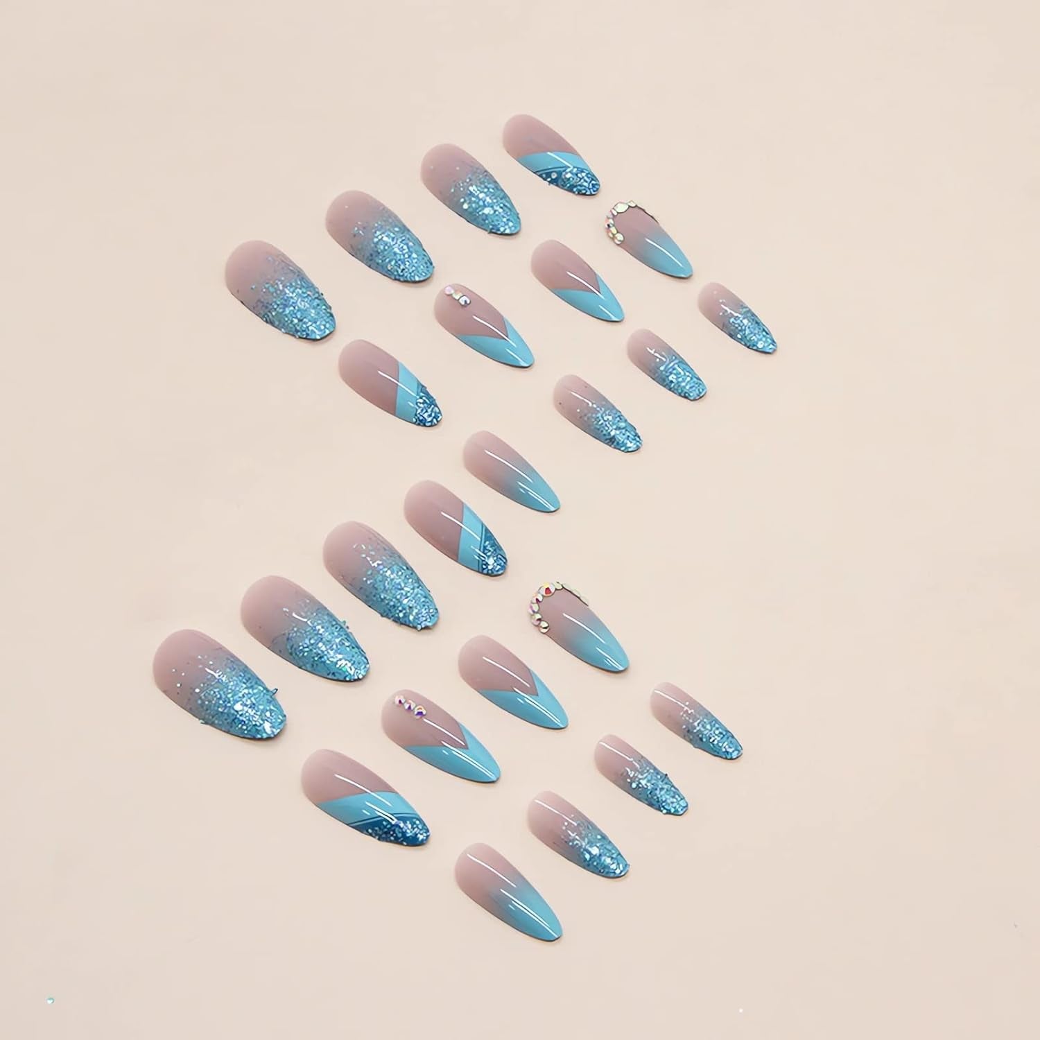 Almond Press on Nails French Medium Blue Fake Nails Glitter Gradient False Nails with Designs Rhinestone Full Cover Acrylic Glossy Glue on Nails for Women 24Pcs