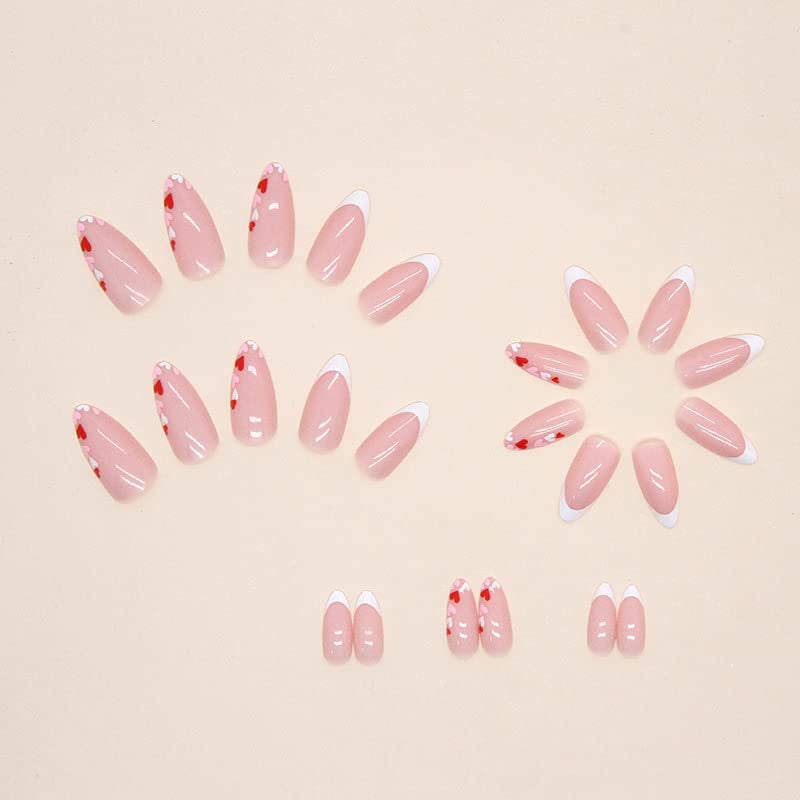 Valentine'S Day French Tip Press-On Nails - Medium Almond Shape with Cute Heart Designs - Glossy Acrylic Finish - 24Pcs Stick-On Nails for Women