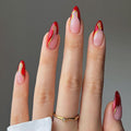 24Pcs French Tip Press on Nails Medium Almond Fake Nails with Glue Gold Line False Nails Nude Glue on Nails Reusable Red French Acrylic Nails Full Cover French Tips Nails Press Ons for Women Girls