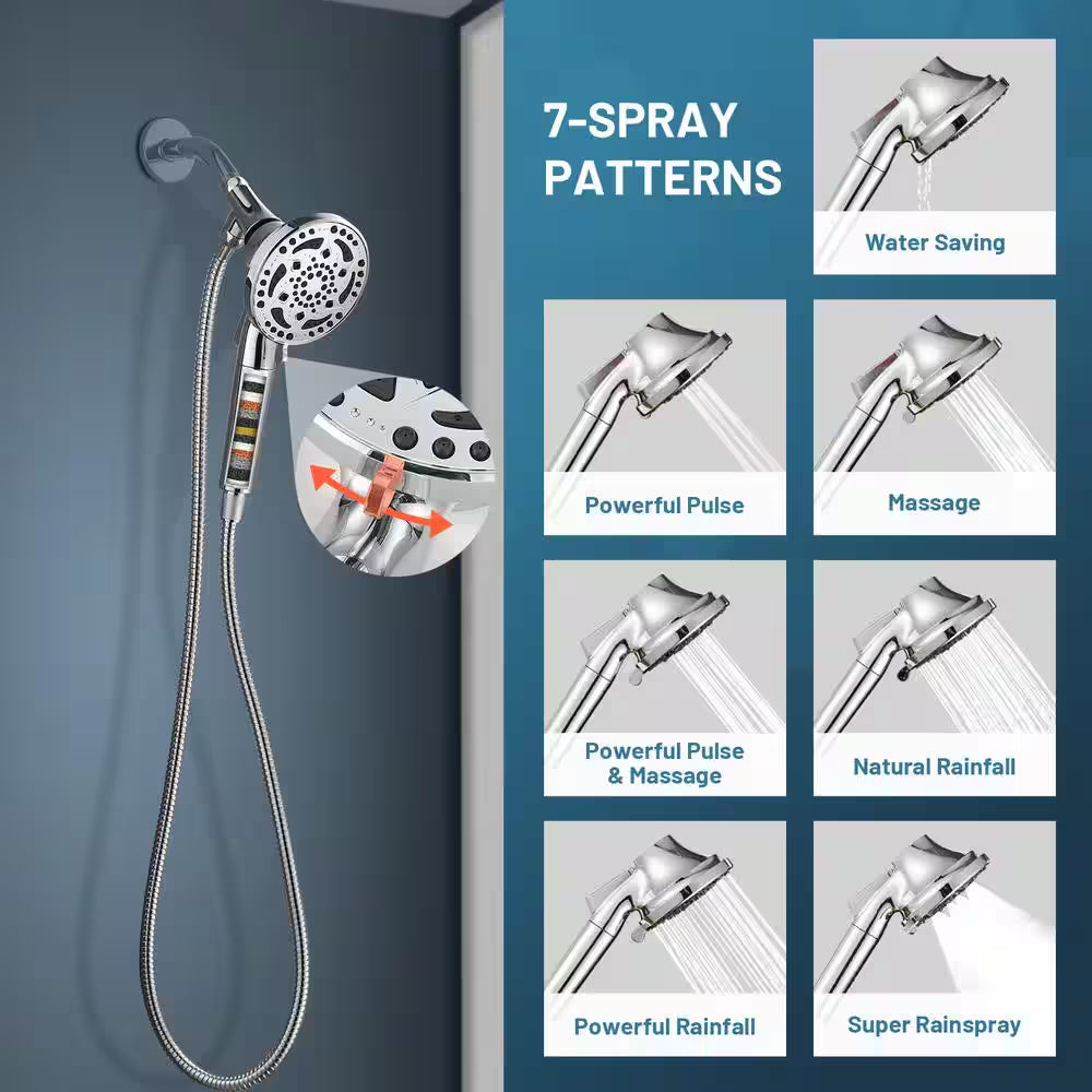 7-Spray with 1.8 GPM 4.92 In. Wall Mount Adjustable Filtered Handheld Shower Head with Shower Hose in Chrome