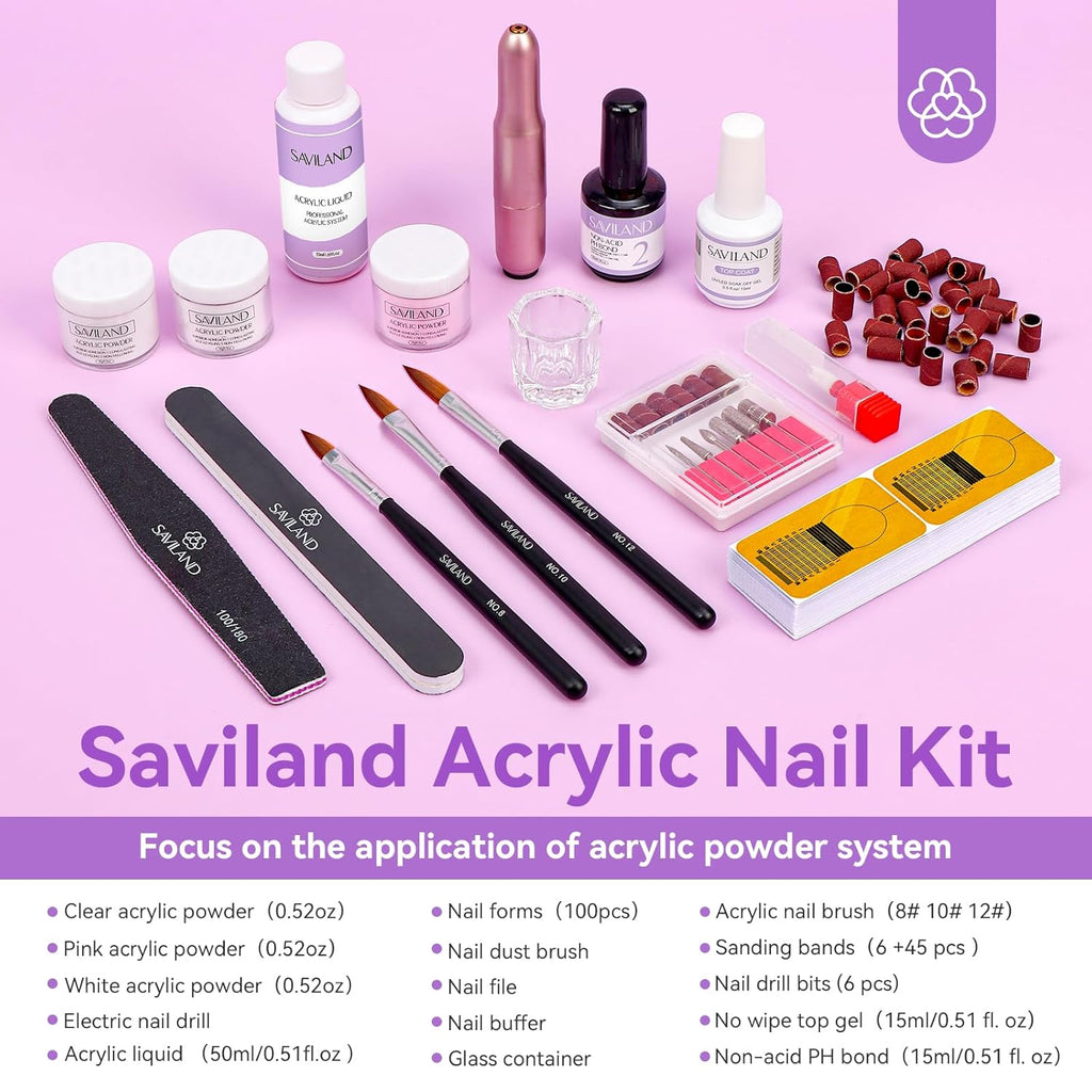 Acrylic Nail Kit with Drill: 15G Clear White Pink Acrylic Powder and Liquid Set Beginner Nail Kit with 100 Forms Brushes Primer Top Gel & Manicure Tools Kit for Extension 3D Carving Home DIY