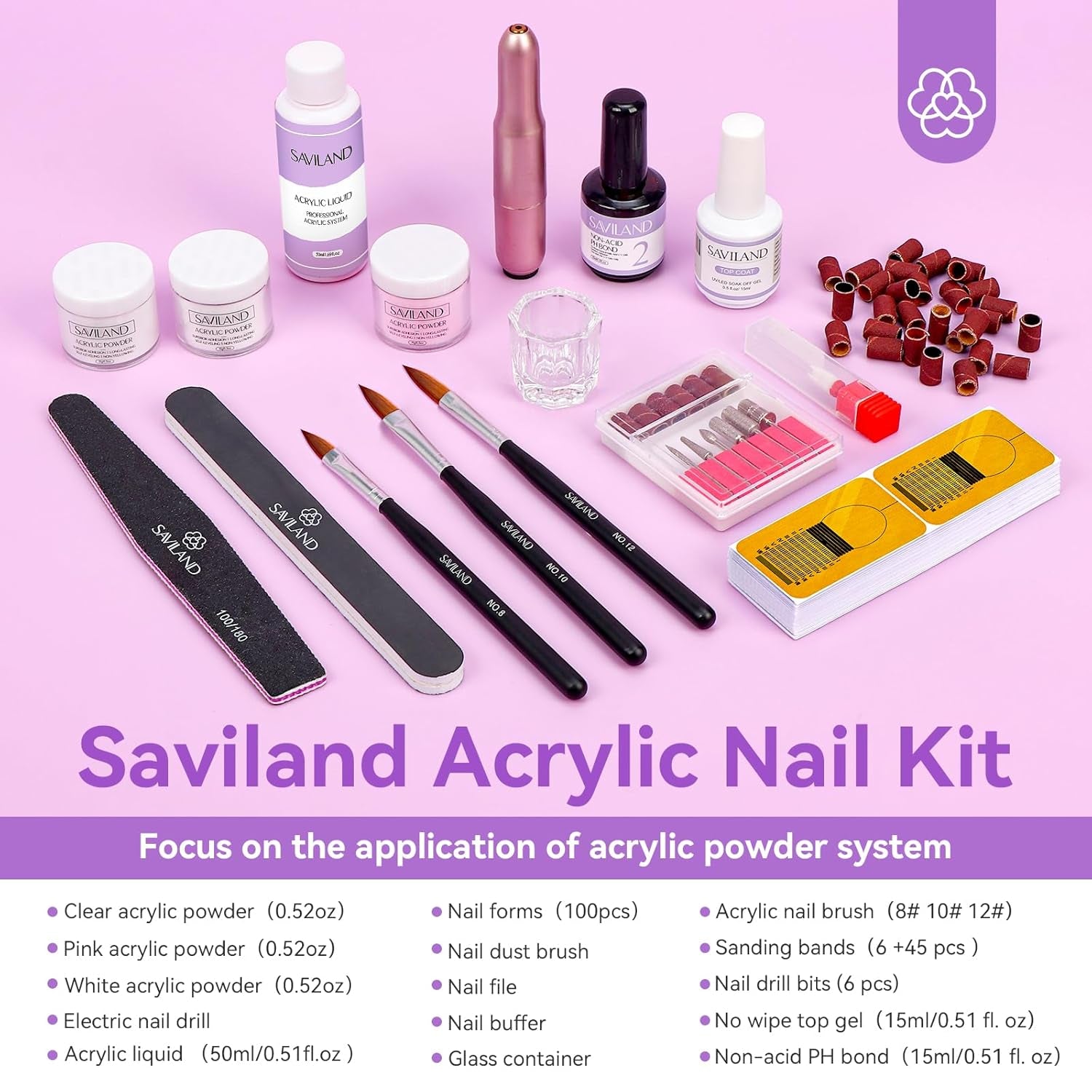 Acrylic Nail Kit with Drill: 15G Clear White Pink Acrylic Powder and Liquid Set Beginner Nail Kit with 100 Forms Brushes Primer Top Gel & Manicure Tools Kit for Extension 3D Carving Home DIY