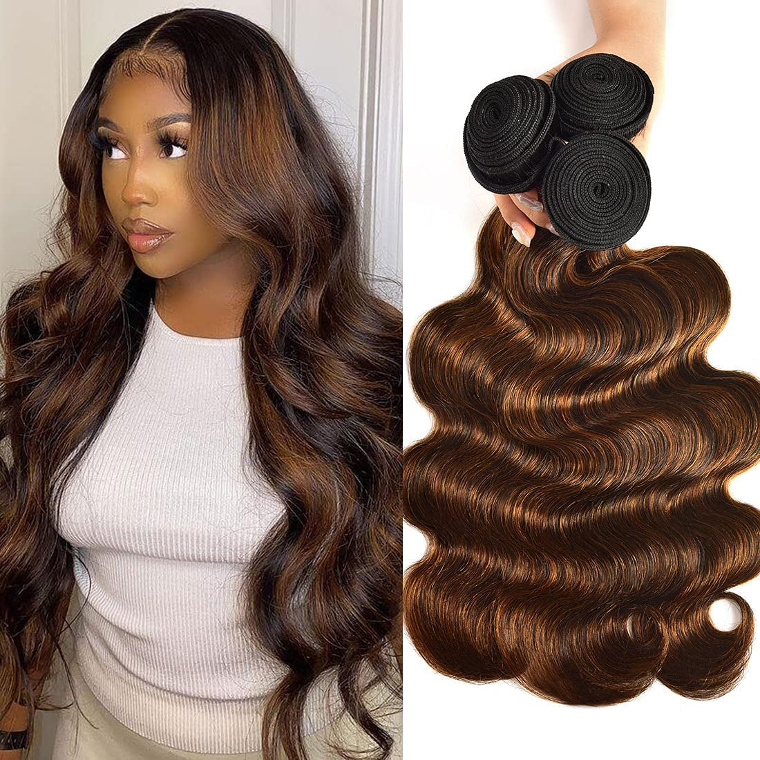 Hair 12A Brown Balayage Ombre Body Wave Human Hair Weave 3 Bundles, Brazilian Highlight Remy Hair Chocolate Brown Human Hair Extension FB30 Ombre Color (16 18 20Inch)