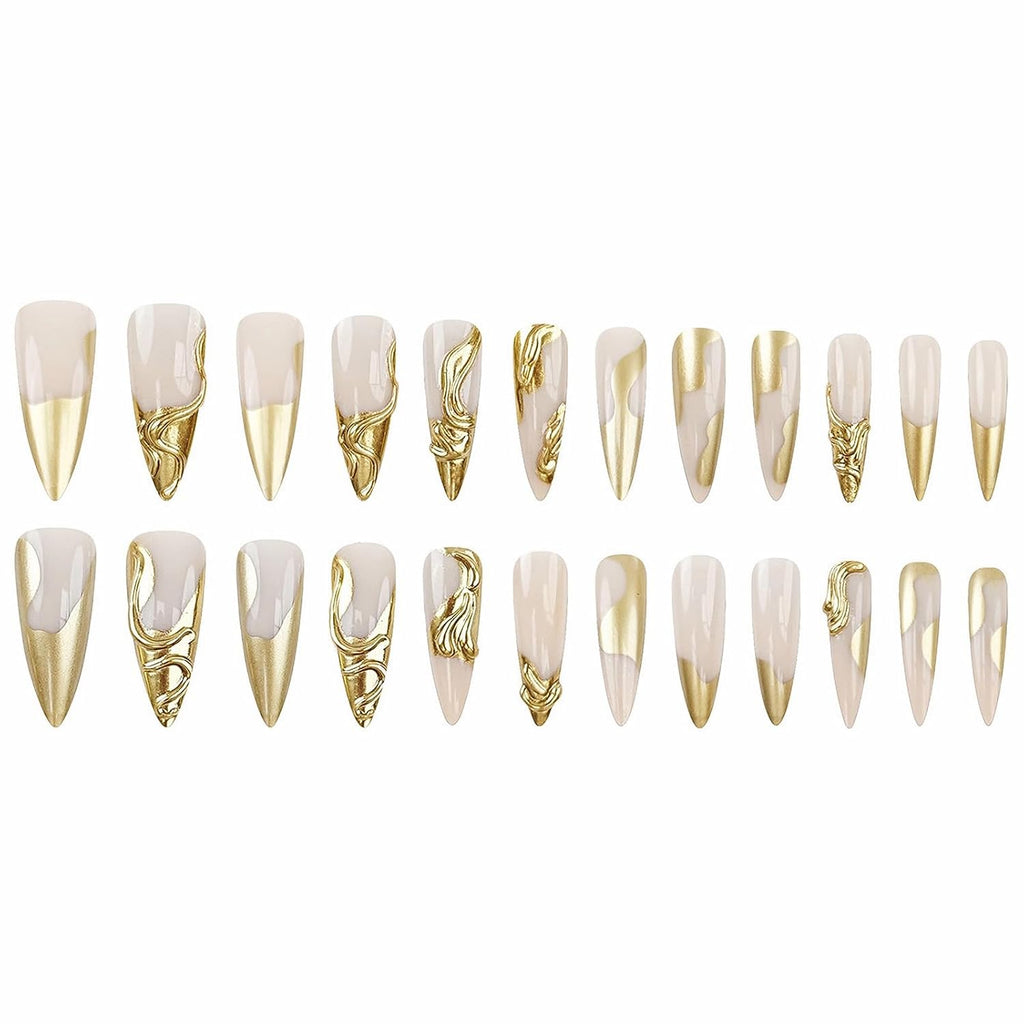 Press on Nails - Long Stiletto Fake Nails, Acrylic 3D Gold Chrome Design 24 Pcs
