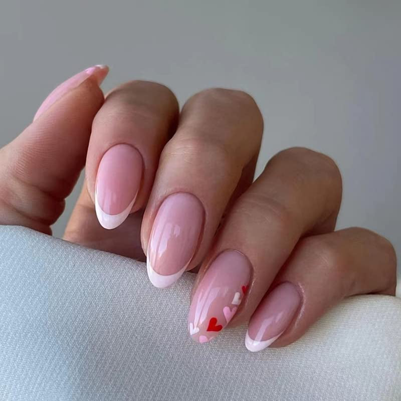 Valentine'S Day French Tip Press-On Nails - Medium Almond Shape with Cute Heart Designs - Glossy Acrylic Finish - 24Pcs Stick-On Nails for Women