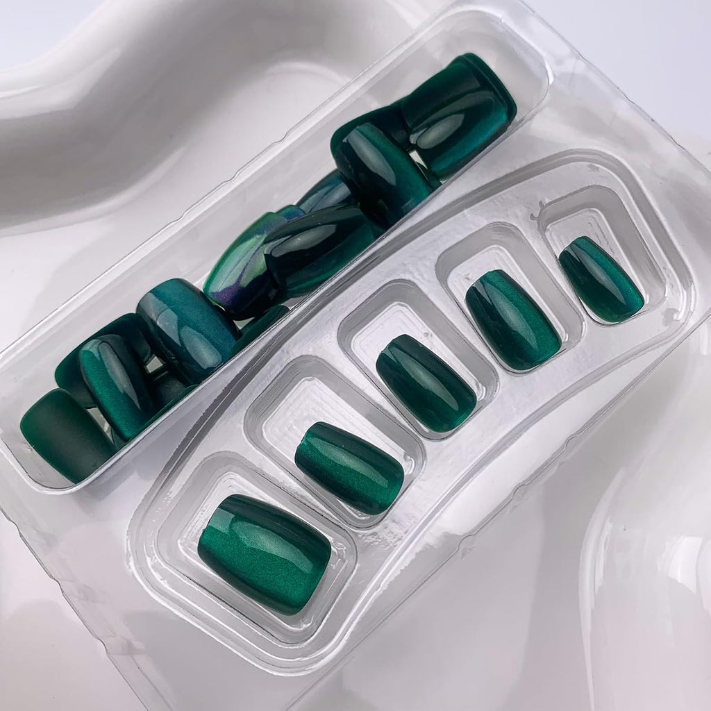 Dark Green Press on Nails Short Square Fake Nails Cat Eye Acrylic Nails Ombre Artificial Glue on Nail Glossy False Nails Xmas Stick on Nail for Women Manicure 30Pcs