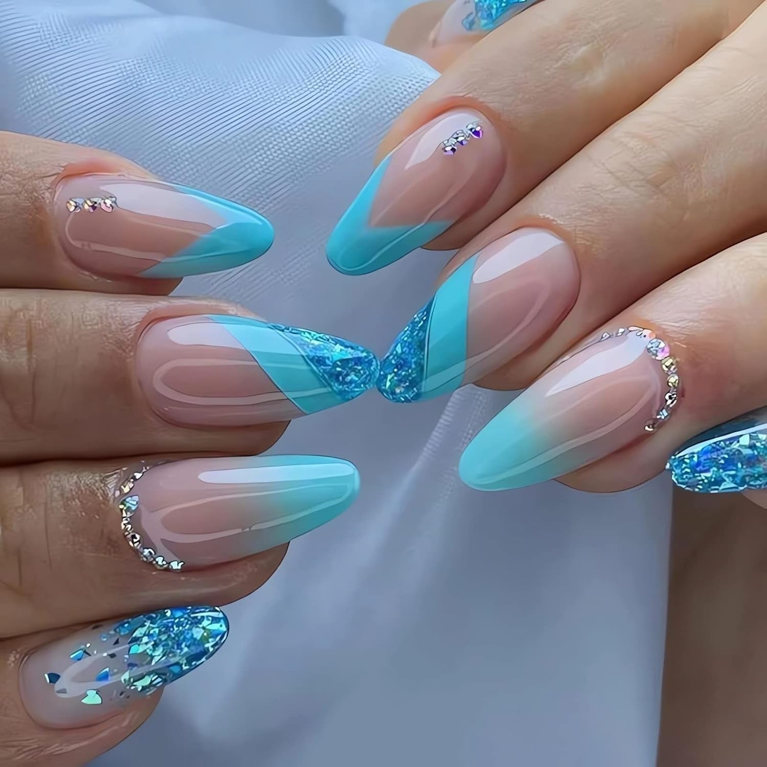 Almond Press on Nails French Medium Blue Fake Nails Glitter Gradient False Nails with Designs Rhinestone Full Cover Acrylic Glossy Glue on Nails for Women 24Pcs
