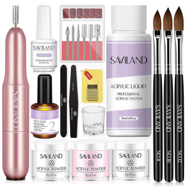 Acrylic Nail Kit with Drill: 15G Clear White Pink Acrylic Powder and Liquid Set Beginner Nail Kit with 100 Forms Brushes Primer Top Gel & Manicure Tools Kit for Extension 3D Carving Home DIY