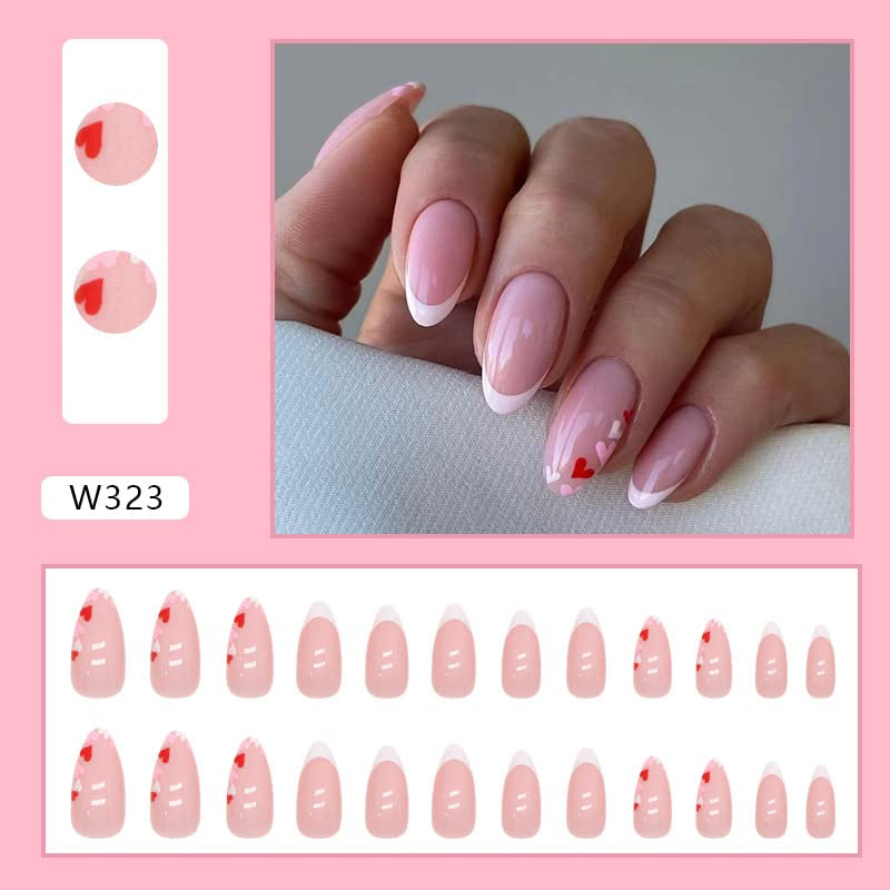 Valentine'S Day French Tip Press-On Nails - Medium Almond Shape with Cute Heart Designs - Glossy Acrylic Finish - 24Pcs Stick-On Nails for Women