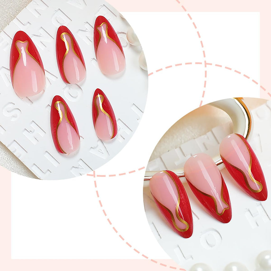 24Pcs French Tip Press on Nails Medium Almond Fake Nails with Glue Gold Line False Nails Nude Glue on Nails Reusable Red French Acrylic Nails Full Cover French Tips Nails Press Ons for Women Girls