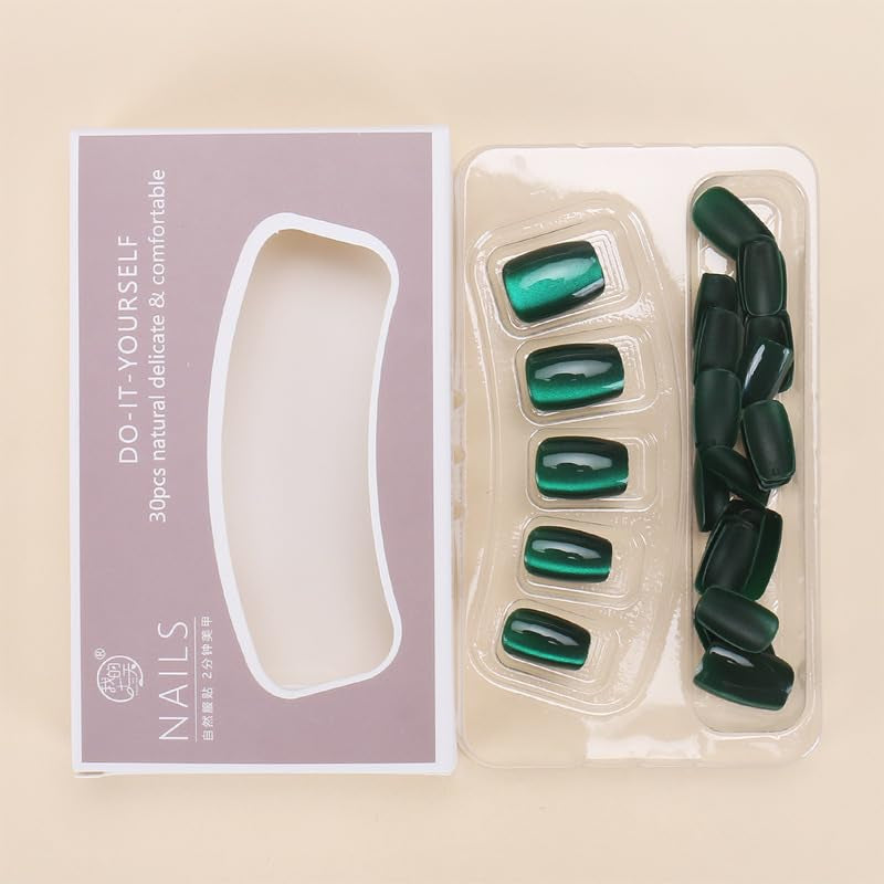 Dark Green Press on Nails Short Square Fake Nails Cat Eye Acrylic Nails Ombre Artificial Glue on Nail Glossy False Nails Xmas Stick on Nail for Women Manicure 30Pcs