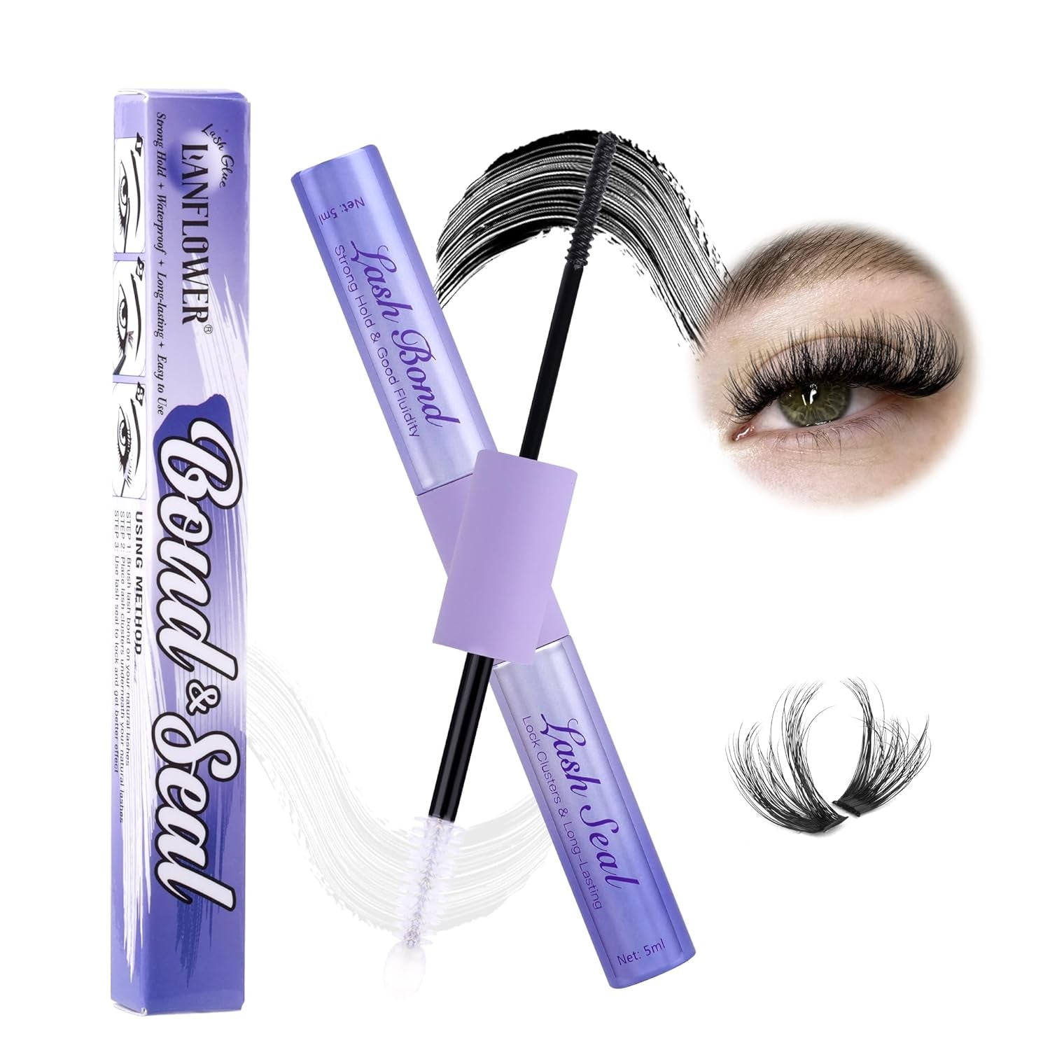 Lash Bond and Seal Waterproof Cluster Glue - 2 in 1 for Eyelash Clusters, Long Lasting DIY Extension