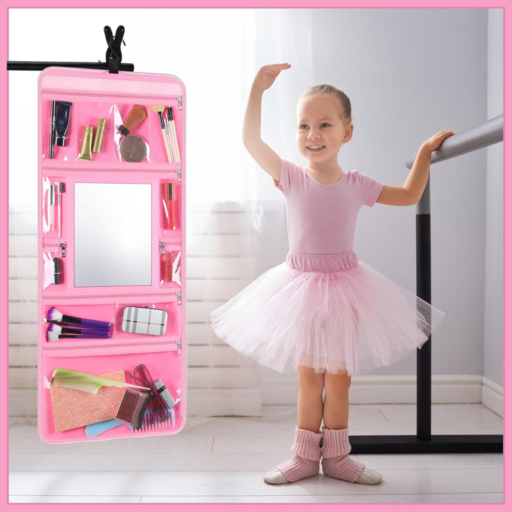 Hanging Toiletry Bag with Mirror for Men Women Travel Kit Large Foldable Beauty Dance Makeup Bag Organizer Storage Waterproof Roll up Cosmetic Case Accessories for Bathroom Shower(Pink)