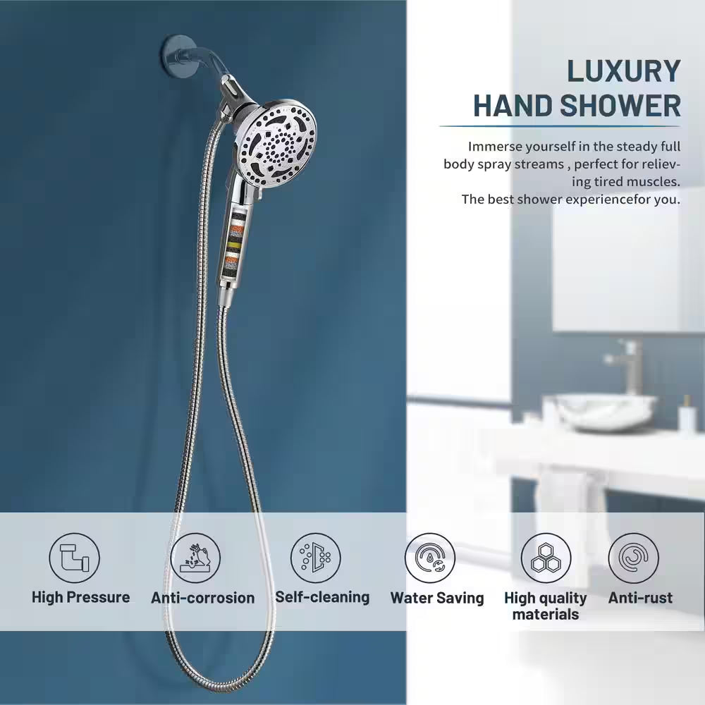 7-Spray with 1.8 GPM 4.92 In. Wall Mount Adjustable Filtered Handheld Shower Head with Shower Hose in Chrome