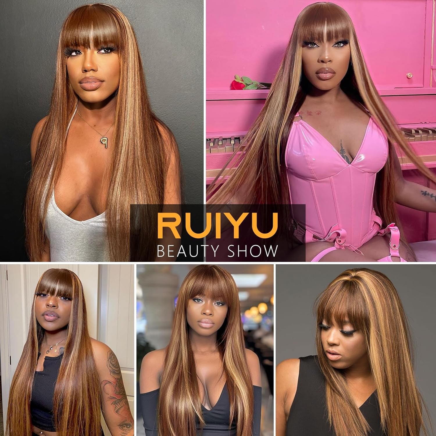Ombre Highlight Human Hair Wigs with Bangs 2X4 HD Lace Front Brown Glueless Wig with Highlights Honey Blonde 4/27 Colored Straight Closure Wear and Go Brazilian Human Hair for Women 20 Inch