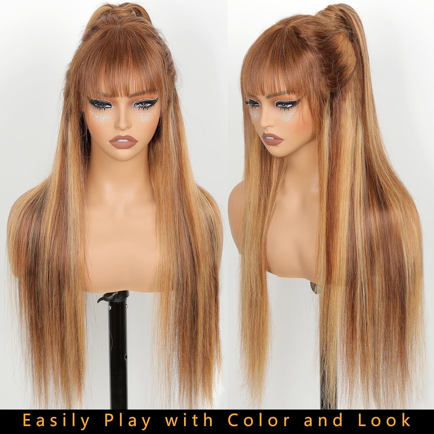 Ombre Highlight Human Hair Wigs with Bangs 2X4 HD Lace Front Brown Glueless Wig with Highlights Honey Blonde 4/27 Colored Straight Closure Wear and Go Brazilian Human Hair for Women 20 Inch