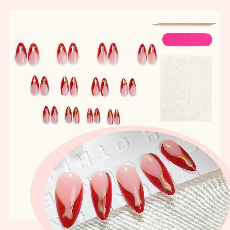 24Pcs French Tip Press on Nails Medium Almond Fake Nails with Glue Gold Line False Nails Nude Glue on Nails Reusable Red French Acrylic Nails Full Cover French Tips Nails Press Ons for Women Girls