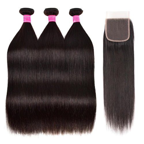 10A Straight Bundles with Closure Human Hair 20 22 24 with 18 Inch Brazilian Human Hair Bundles with Closure 100% Unprocessed Virgin Remy Straight Hair Weave 3 Bundles with 4X4 Lace Closure Free Part