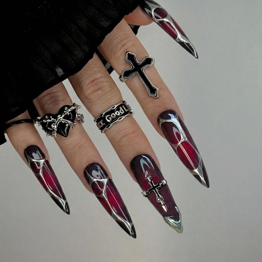 Stiletto Press on Nails Long Fake Nails Black Red Glue on Nails Almond Acrylic Nails with Goth Design Stick on Nails for Women and Girls 24Pcs
